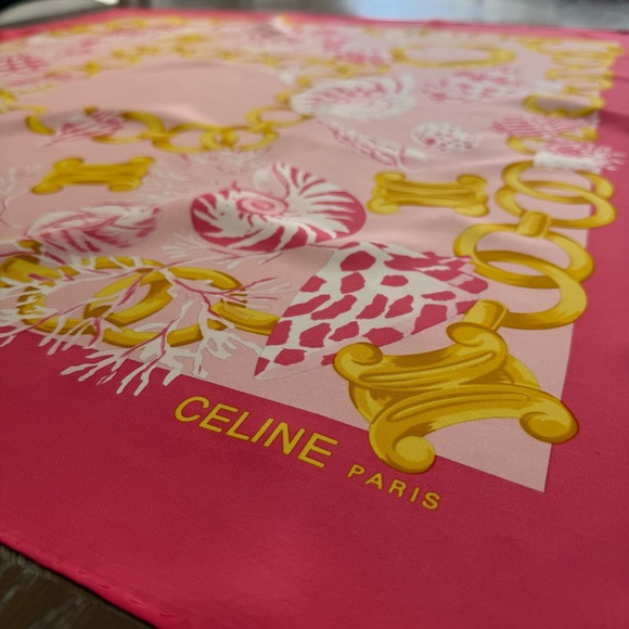 Authentic Celine Pink & Gold Seashell Silk Scarf - Picture 2 of 12
